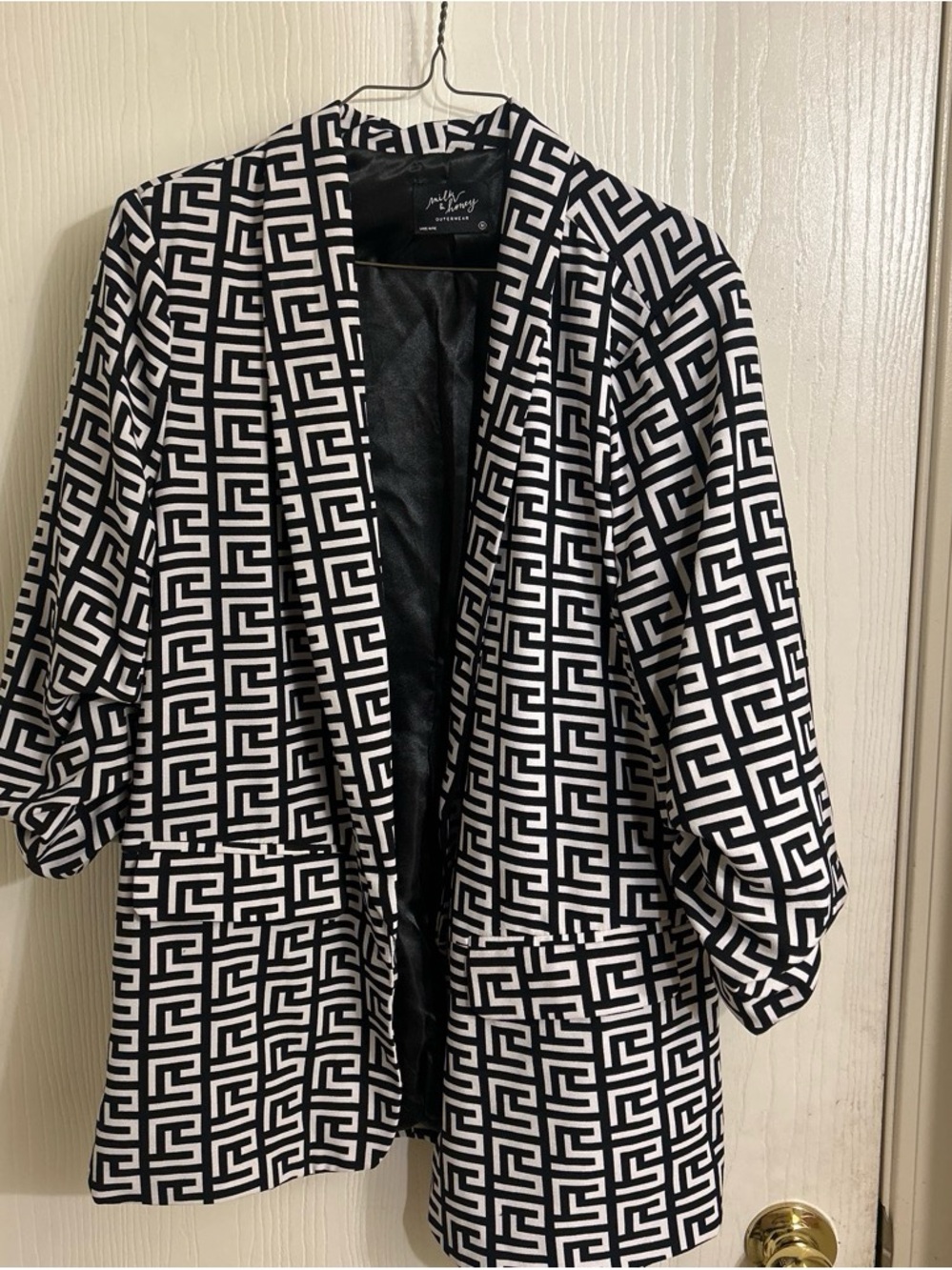 My Story Black & White Geometric Open Front Cardigan Blazer